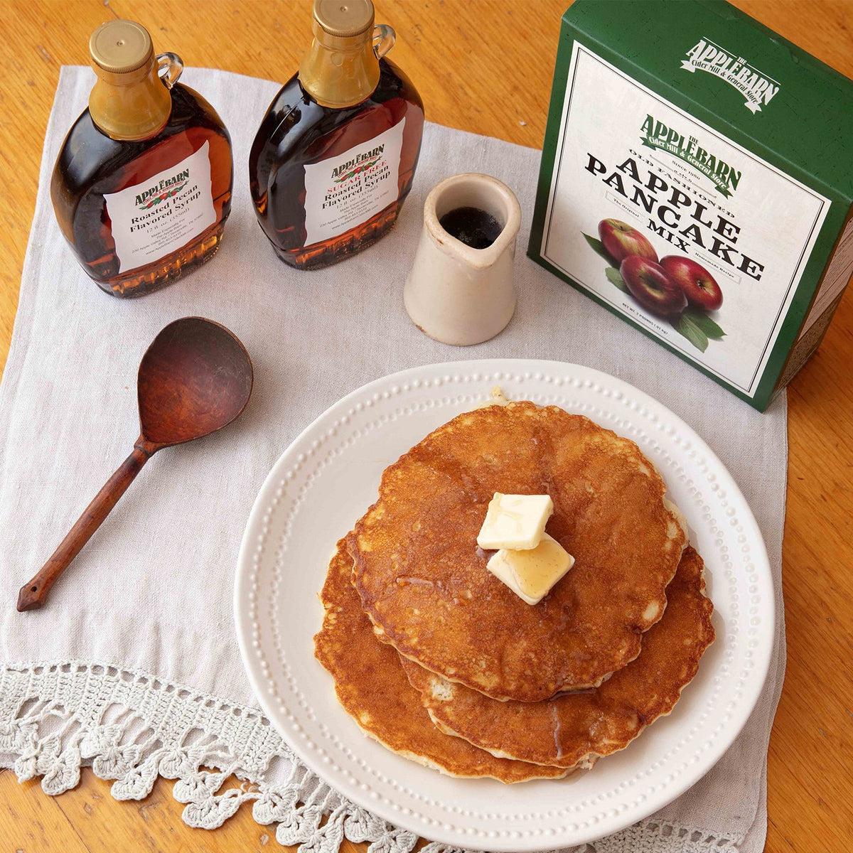 Roasted pecan flavored syrup on apple pancakes