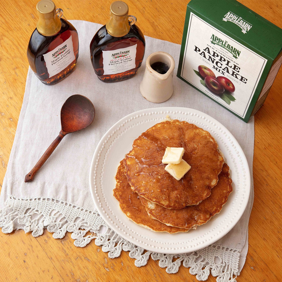 Sugar free maple praline flavored syrup on apple pancakes