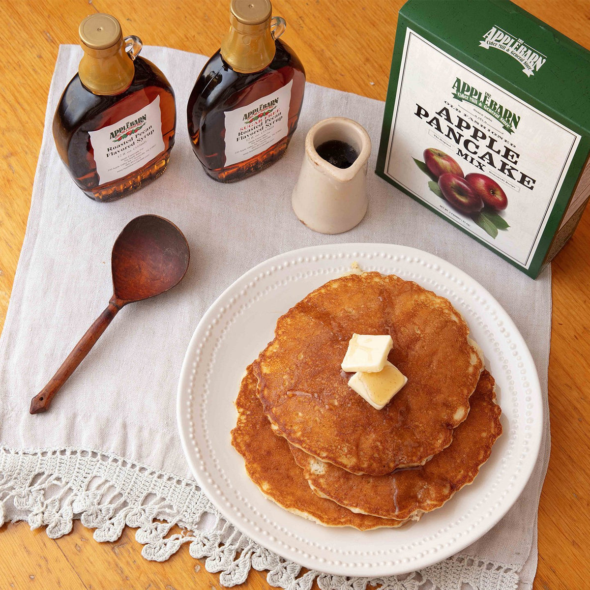 Sugar free roasted pecan flavored syrup on apple pancakes